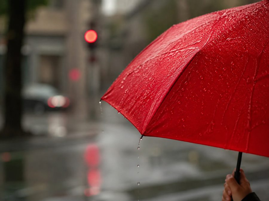 A red umbrella sheltering someone from the rain